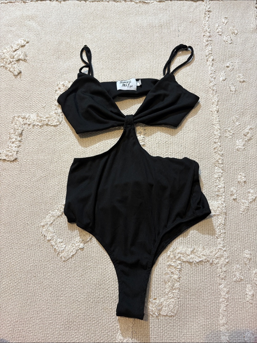 Princess Polly Black Ribbed Bodysuit Top with Branded Tag